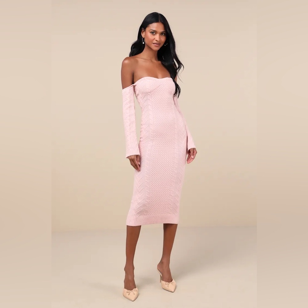Lulus Cuddly Element Light Pink Cable Knit Off-the-shoulder Midi Dress - Size M - Picture 5 of 5